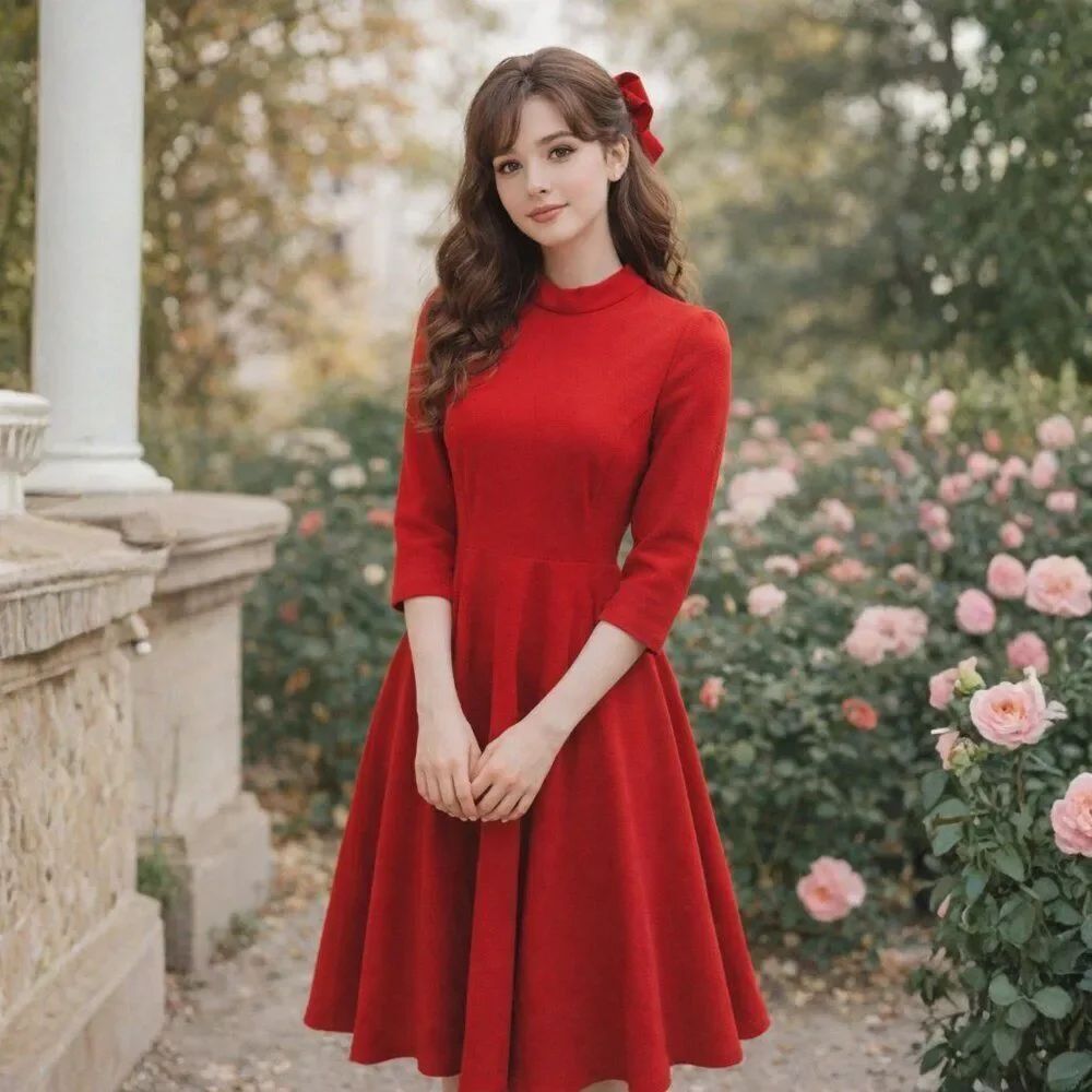 Zara Romantic Red Midi Dress for Women – Vintage-Fit & Flare with 3/4 Sleeve
